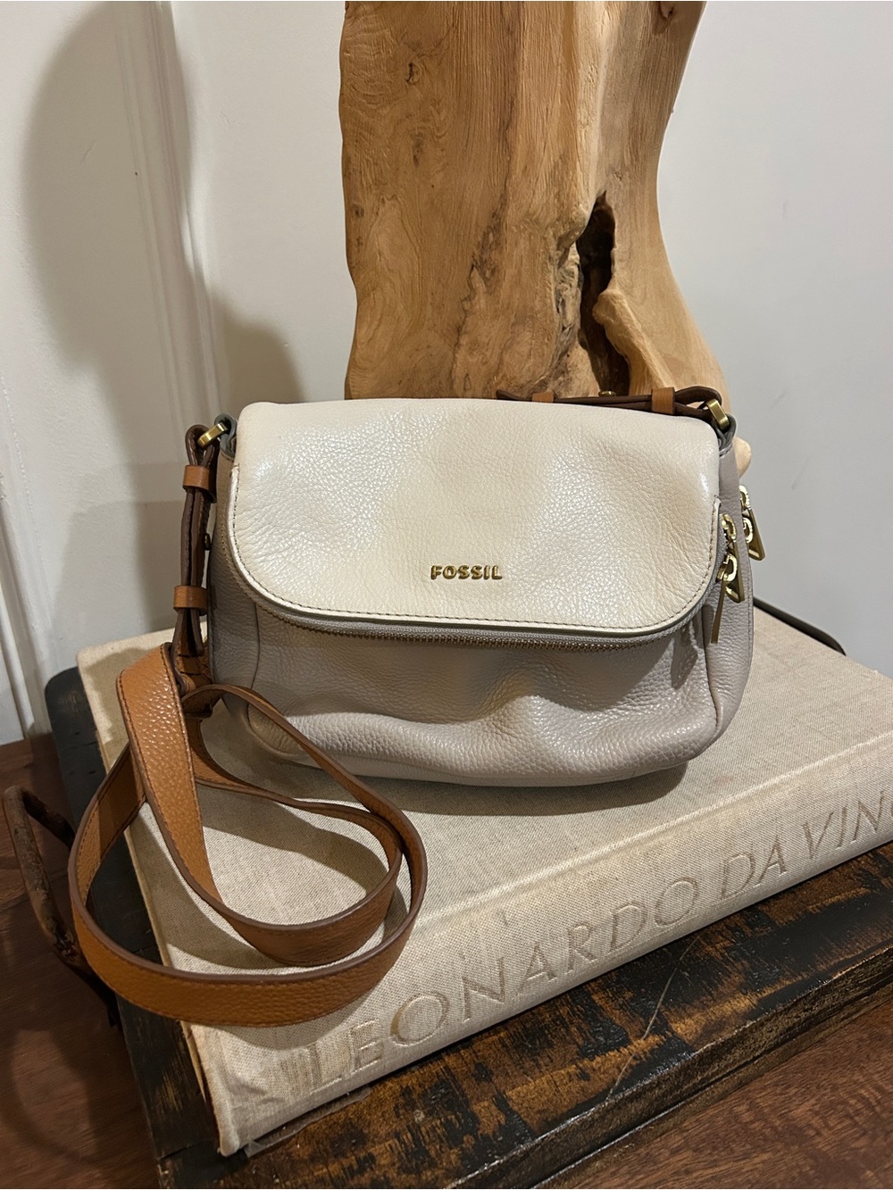 Fossil Women's Three Toned Leather Crossbody Bag in Cream, Tan, and Taupe